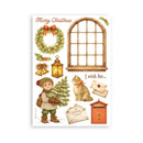 A Christmas-themed decorative card or print featuring a wreath, arched window, lantern, bells, a child holding a Christmas tree, a cat, envelopes, and a mailbox, with the text 'Merry Christmas' and 'I wish for.
