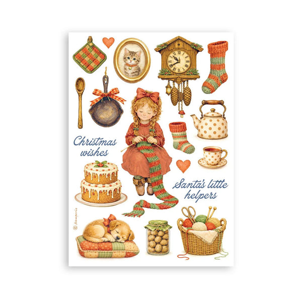 Illustrated Christmas card with a girl, dog, and various festive items on a white background.