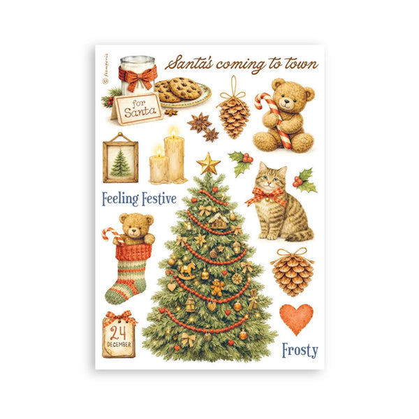 Collection of Christmas-themed stickers featuring a teddy bear, cat, tree, and other festive elements on a white background.