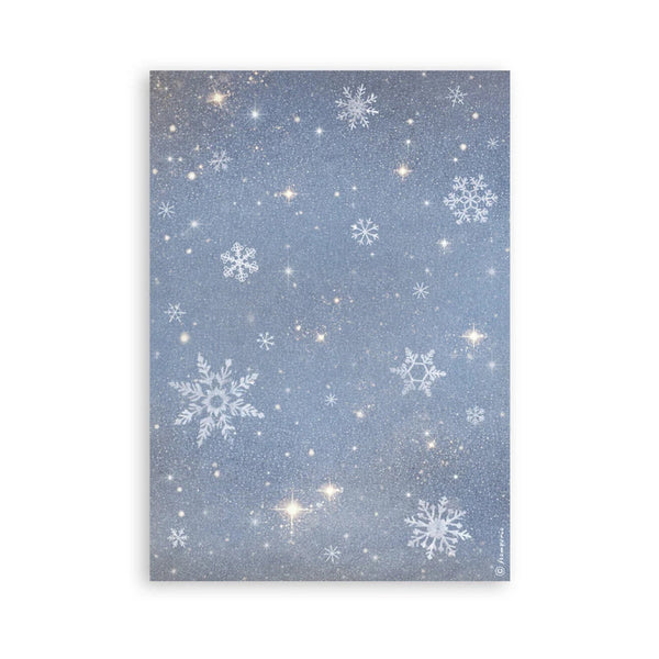 Festive paper with snowflakes and stars on a blue background