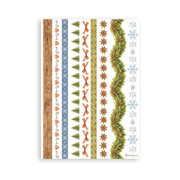 A vertical rectangular card or print featuring multiple vertical bands of Christmas-themed patterns, including pine trees, ornaments, snowflakes, and a green garland border, shown on a plain white background.
