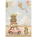 A vintage-style illustration featuring a pink car carrying a tall stack of suitcases and a rolled blanket on its roof, with a small mouse character standing beside it. The scene includes a patchwork kite, postage stamps, handwritten notes, and a soft pastel sky background.