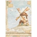 A vintage-style illustrated print featuring a small windmill with patchwork-colored blades, set against a pale blue sky with clouds and birds. The scene includes distressed paper textures, postmark marks, and faded text, giving it an antique collage aesthetic.