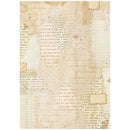 Vintage-style scrapbook paper featuring a collage of aged beige parchment sheets with handwritten script, printed text, grid lines, and torn paper details.