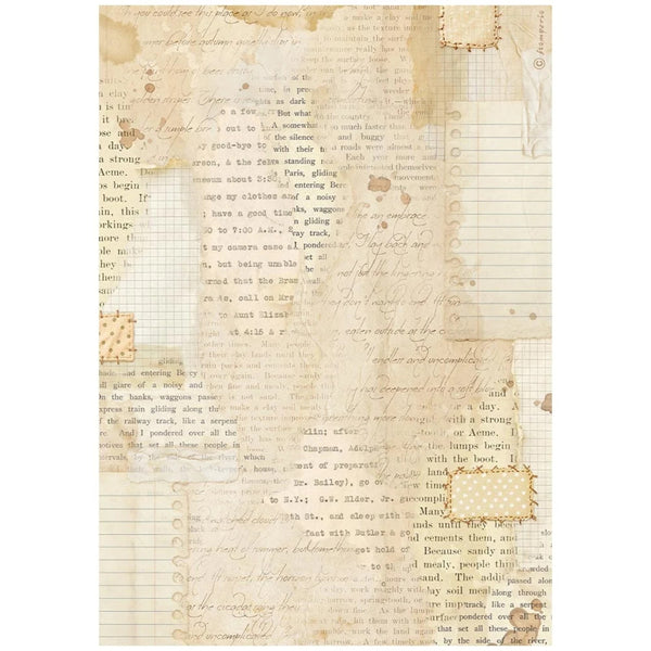 Vintage-style scrapbook paper featuring a collage of aged beige parchment sheets with handwritten script, printed text, grid lines, and torn paper details.