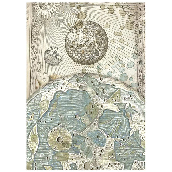 An antique-style celestial map or scientific illustration featuring a large detailed globe, a smaller planetary sphere, a sun with radiating lines, and a blue-green landmass or ocean area with circular markings, all on an aged beige background.