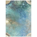 An abstract art print or wallpaper design featuring a cosmic, galaxy-like pattern with teal, blue, and gold tones, resembling a cracked ceramic glaze with starry sparkles.
