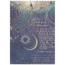 A square art print featuring a celestial design with a gold crescent moon and sun on a textured blue and purple background, decorated with gold crackle lines, handwritten script, and gold leaf-like splatters.