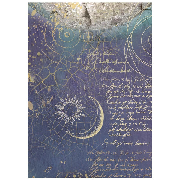A square art print featuring a celestial design with a gold crescent moon and sun on a textured blue and purple background, decorated with gold crackle lines, handwritten script, and gold leaf-like splatters.