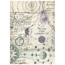 A vintage-style celestial map print featuring moon phases, orbital diagrams, handwritten notes, and the phrase 'NEVER STOP LOOKING UP' in purple text on an aged beige background.