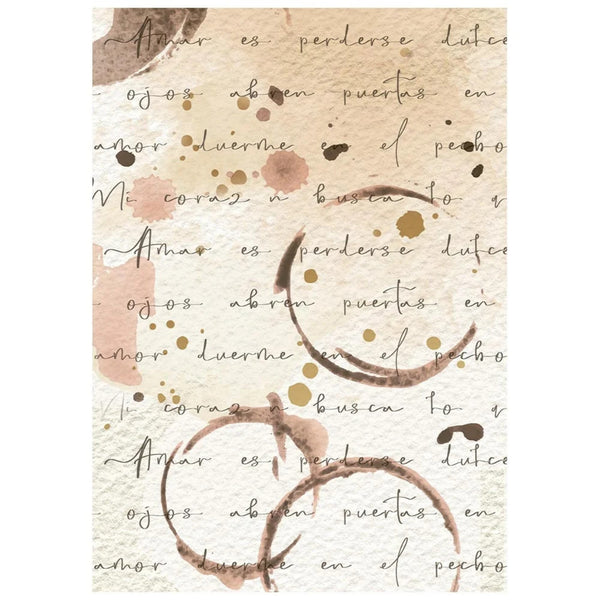 Spanish text art print featuring cursive script overlaid with watercolor splashes and abstract brown circular brushstrokes on a textured beige background.