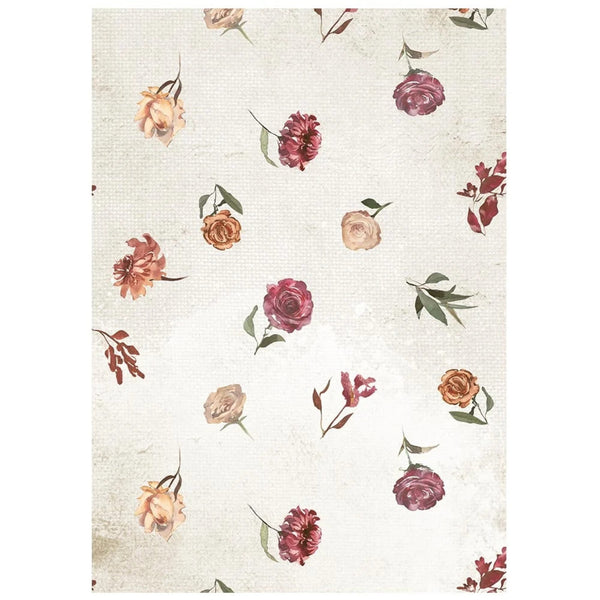 A vintage-style floral pattern featuring muted red, pink, and peach roses with green leaves on a textured off-white background.