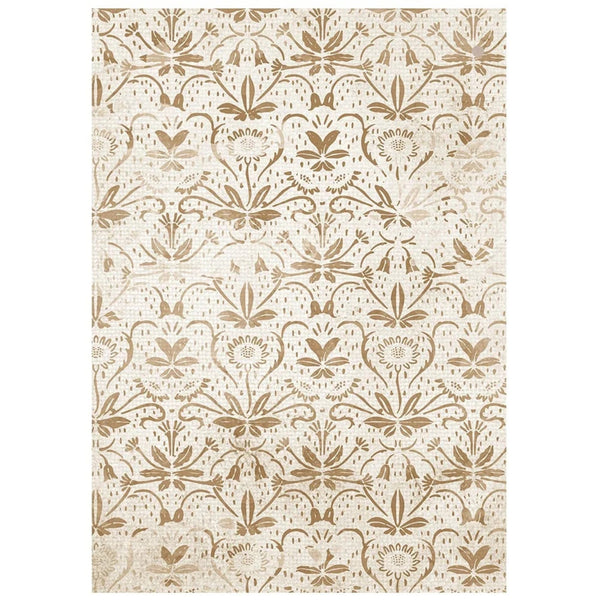 An area rug featuring a distressed, vintage-style botanical damask pattern in warm tan and brown on an off-white background.