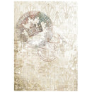 Vintage-style decorative print featuring a distressed crown emblem, circular stamps, and faint botanical line art over an aged beige background.