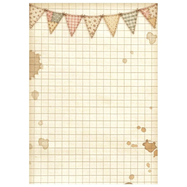 Vintage-style note card or paper backdrop design with a beige grid background, torn paper edges, and a string of patterned bunting flags across the top.