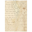 A square piece of vintage-style decorative paper featuring a warm beige background with faded black printed text, handwritten script, and a few brown stain-like marks.