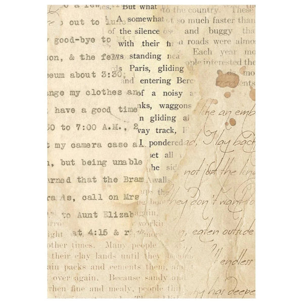 A square piece of vintage-style decorative paper featuring a warm beige background with faded black printed text, handwritten script, and a few brown stain-like marks.