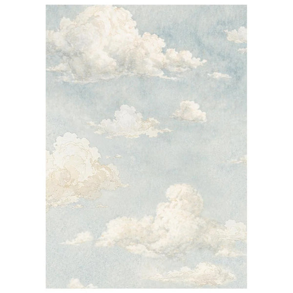 A vertical rectangular print or panel featuring a soft watercolor-style sky with scattered white and cream clouds on a pale blue background.