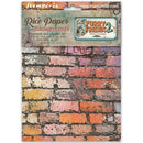 Stampin' Pie 'Furry Friends 2' Rice Paper Backgrounds sheet featuring a distressed brick wall pattern in warm orange, red, pink, and beige tones.
