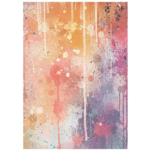 Abstract wall art print featuring a colorful paint splatter and drip design with orange, pink, purple, blue, and white tones.