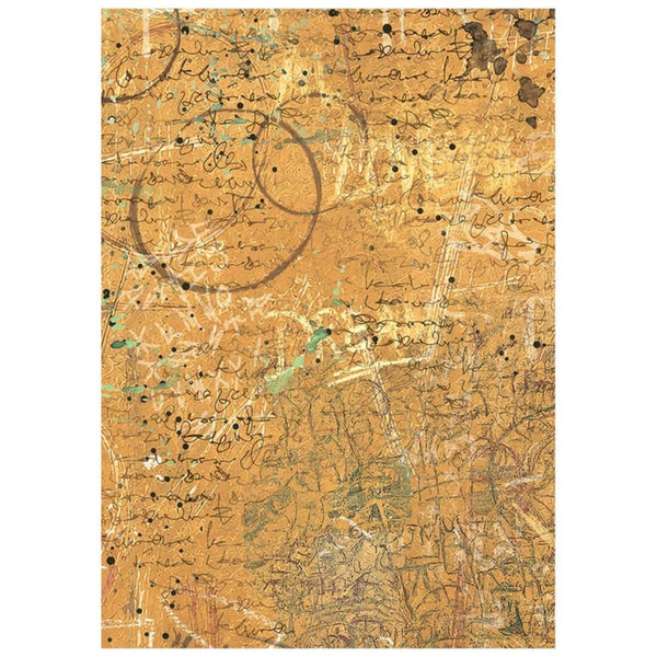 An abstract art print featuring a textured golden-brown background overlaid with dense cursive handwriting, scribbles, ink dots, and faint green and gray markings.