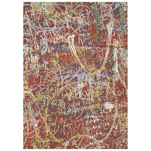 An abstract art print featuring a dense, layered composition of graffiti-style markings, scribbles, and layered text in white, yellow, green, and blue over a textured reddish-brown background.