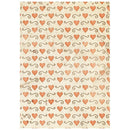 A rectangular fabric or paper sample with a repeating pattern of coral-orange hearts and dark brown scroll motifs on a warm beige background.