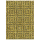 A square area rug with a vintage-style repeating diamond pattern in olive green and mustard yellow, featuring a distressed, weathered texture.