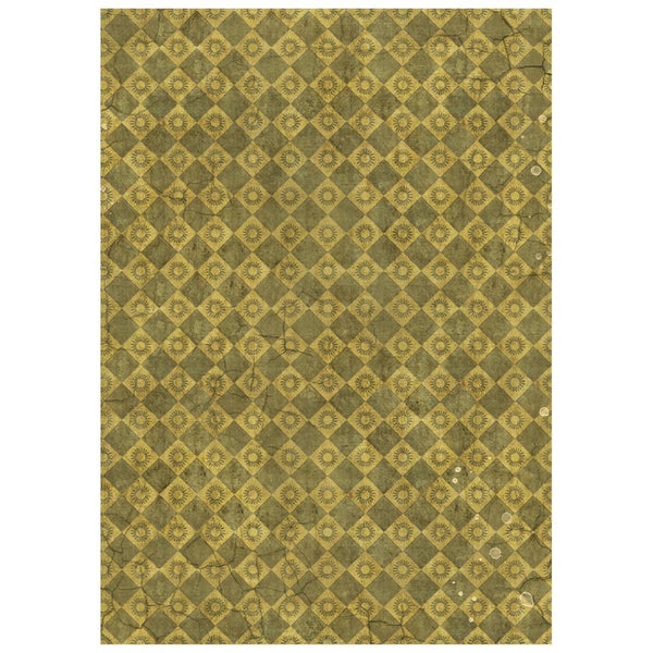 A square area rug with a vintage-style repeating diamond pattern in olive green and mustard yellow, featuring a distressed, weathered texture.