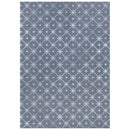 Patterned rug with white geometric design on a blue background