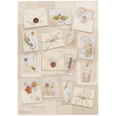 A collage of vintage-style paper envelopes, tags, and cards with botanical illustrations, wax seals, ribbons, and dried flower motifs on a cream patchwork background.
