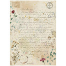 A square decorative print or card featuring a vintage French letter design with cursive handwriting, postage-style stamps, watercolor-style flowers, and botanical illustrations on a warm beige background.
