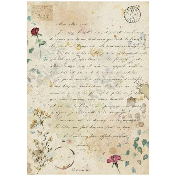 A square decorative print or card featuring a vintage French letter design with cursive handwriting, postage-style stamps, watercolor-style flowers, and botanical illustrations on a warm beige background.