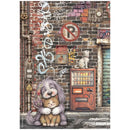 A square art print or puzzle featuring an illustrated street scene with a gray dog hugging a small orange cat in front of a brick wall, vending machine, graffiti, pipes, and a no parking sign.