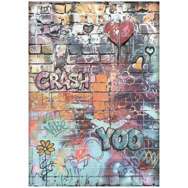 A square canvas wall art print featuring a colorful graffiti-style brick wall design with the words 'CRASH' and 'YOO' in large bubble letters, plus heart and flower motifs.