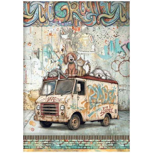 A vertical art print or poster featuring an illustrated scene of an old graffiti-covered van with three dogs and a cat sitting on its roof, set against a distressed wall with colorful graffiti. The print includes a stylized mural at the top and a brick pattern at the bottom.