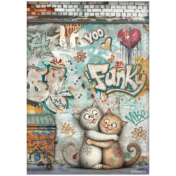 A colorful graffiti-style art print featuring two hugging cartoon cats at the bottom, with playful doodles, graffiti text, flowers, and a brick wall at the top. The artwork appears to be the product itself rather than a photo of a physical object in a room.