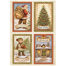 Four vintage Christmas greeting card designs arranged in a 2x2 grid on a cream background. The cards depict Santa Claus carrying a sack of gifts, a decorated Christmas tree with 'Happy Holidays' text, a child holding a Christmas tree with 'Merry and Bright' text, and a snowy cottage with 'Spread joy' text.