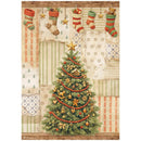 Decorative paper with Christmas tree and stockings on a patterned background