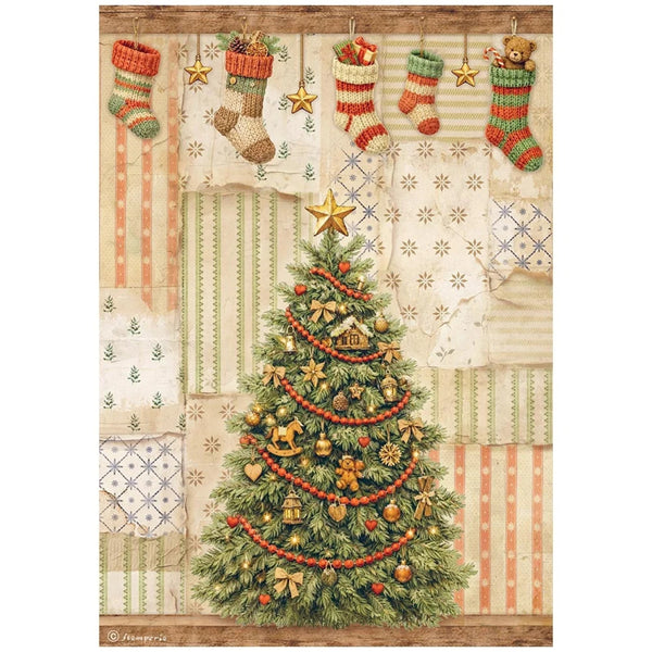 Decorative paper with Christmas tree and stockings on a patterned background