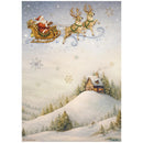 Santa Claus in a sleigh pulled by reindeer flying over a snowy landscape with a cabin.