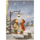 Two children in winter clothing standing under a street lamp in a snowy village scene.