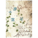 Vintage-style art print featuring blue forget-me-not flowers on stems with green leaves, overlaid on a textured beige background with cursive handwriting and ink splatters.