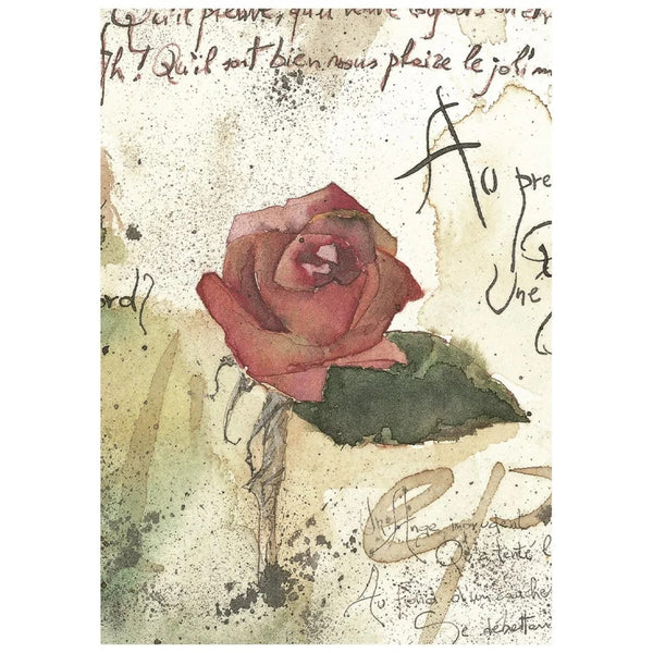 A square art print featuring a watercolor rose with a green leaf on a textured, vintage-style cream background with faint cursive script.