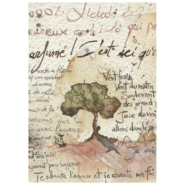 A square art print featuring a rustic, vintage-style design with a central watercolor tree on a textured beige parchment background, overlaid with cursive French script and distressed ink details.