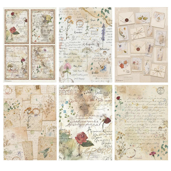A collage of six vintage-style paper designs with handwritten script, floral illustrations, stamps, ribbons, and watercolor accents on a light neutral background.