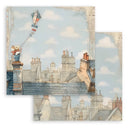 Illustration of a mouse on a rooftop with a kite against a sky with clouds.