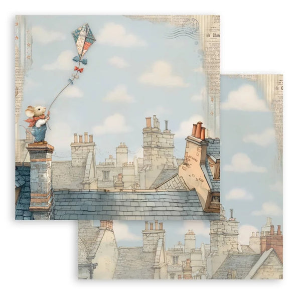 Illustration of a mouse on a rooftop with a kite against a sky with clouds.