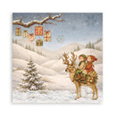 Christmas card with two children riding a reindeer in a snowy landscape with presents.
