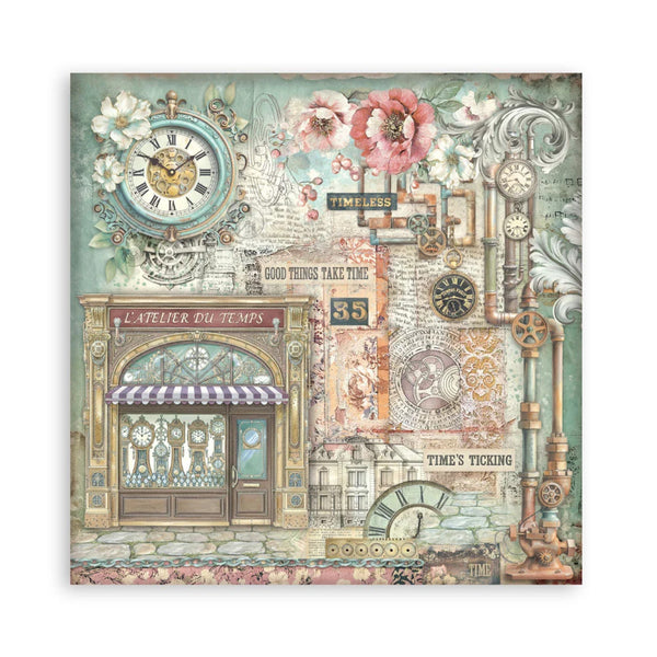 Decorative paper with vintage clock design, flowers, and text on a white background